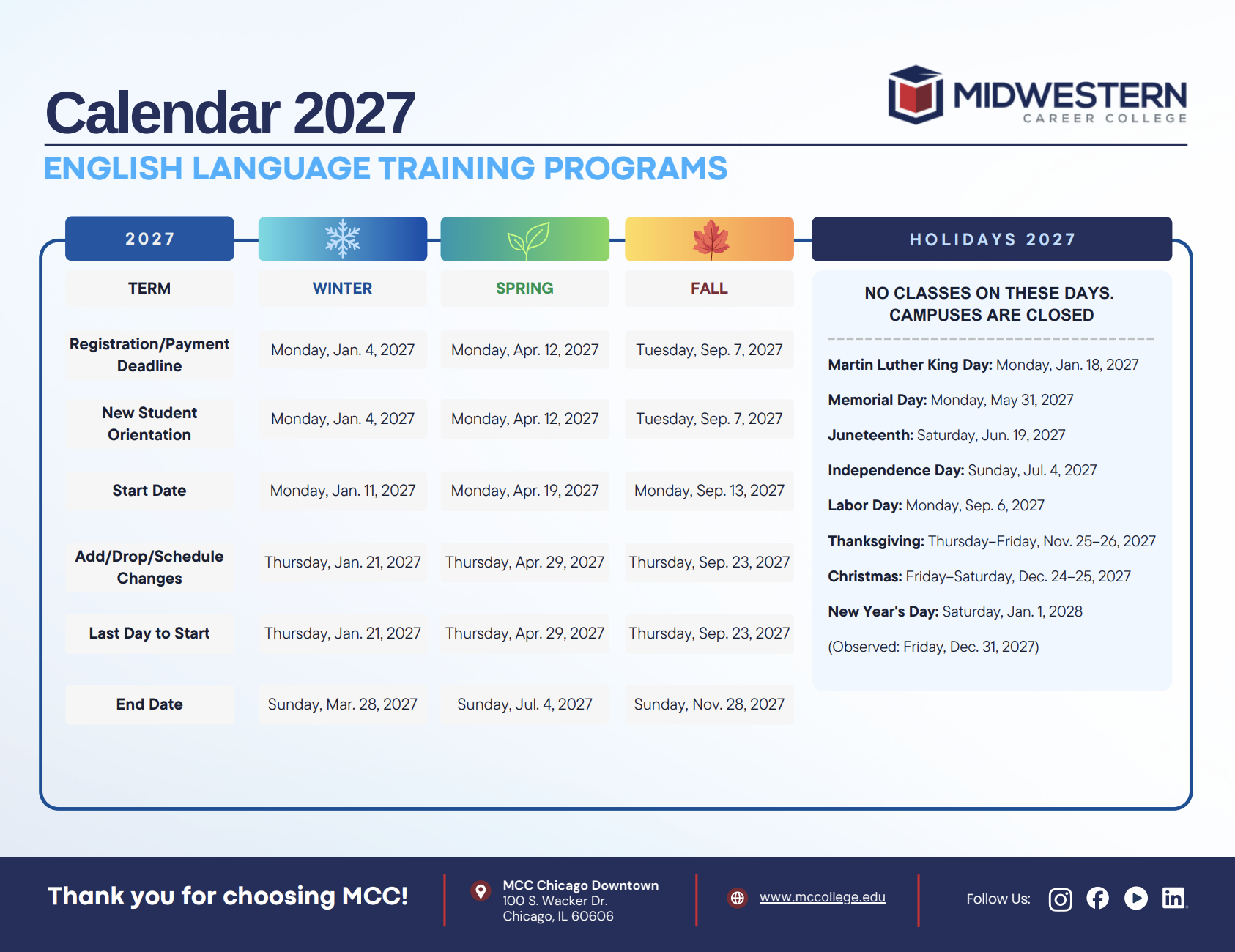 Midwestern Career College ESL Academic Calendar 2027–2028
