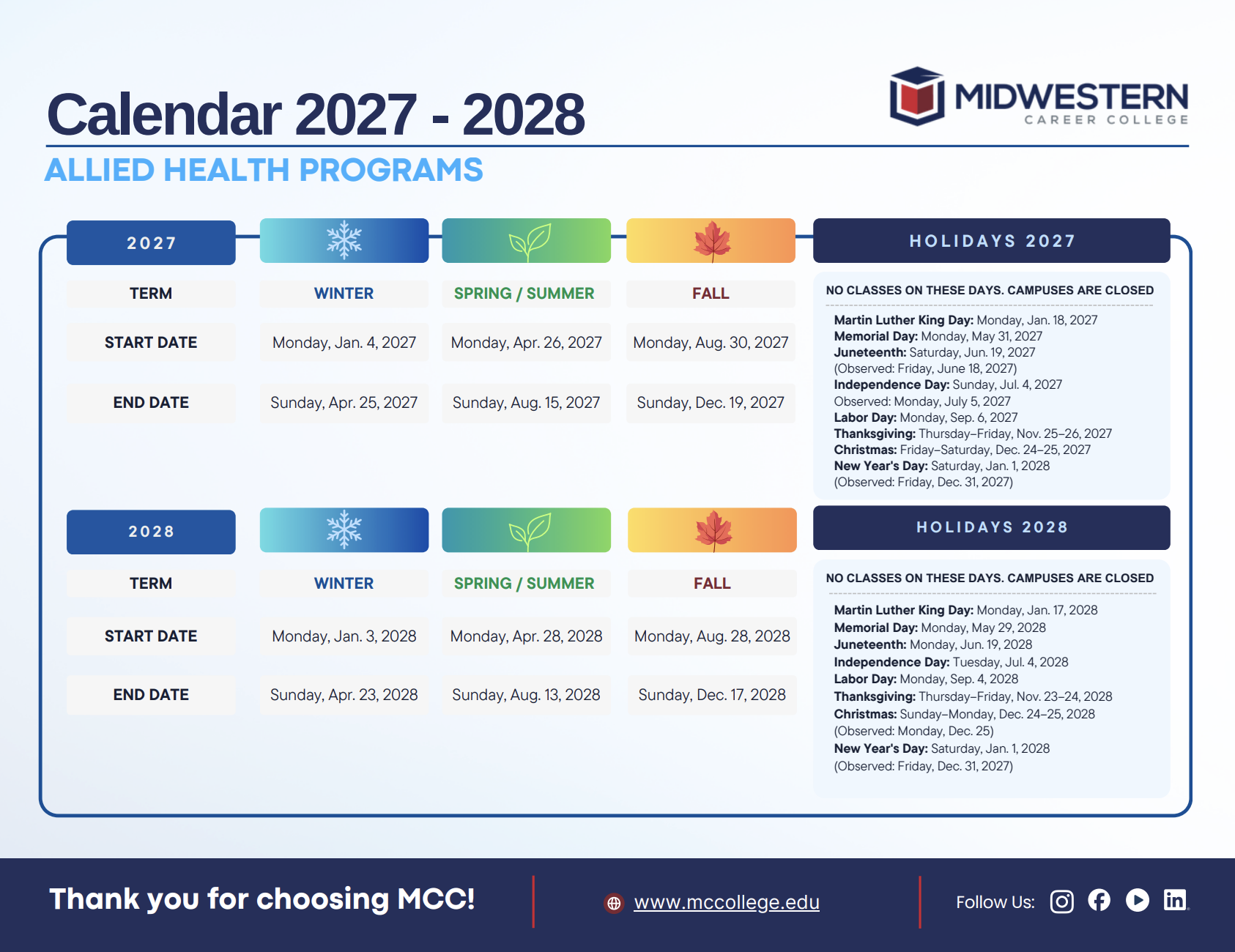 Midwestern Career College Allied Health Academic Calendar 2027–2028