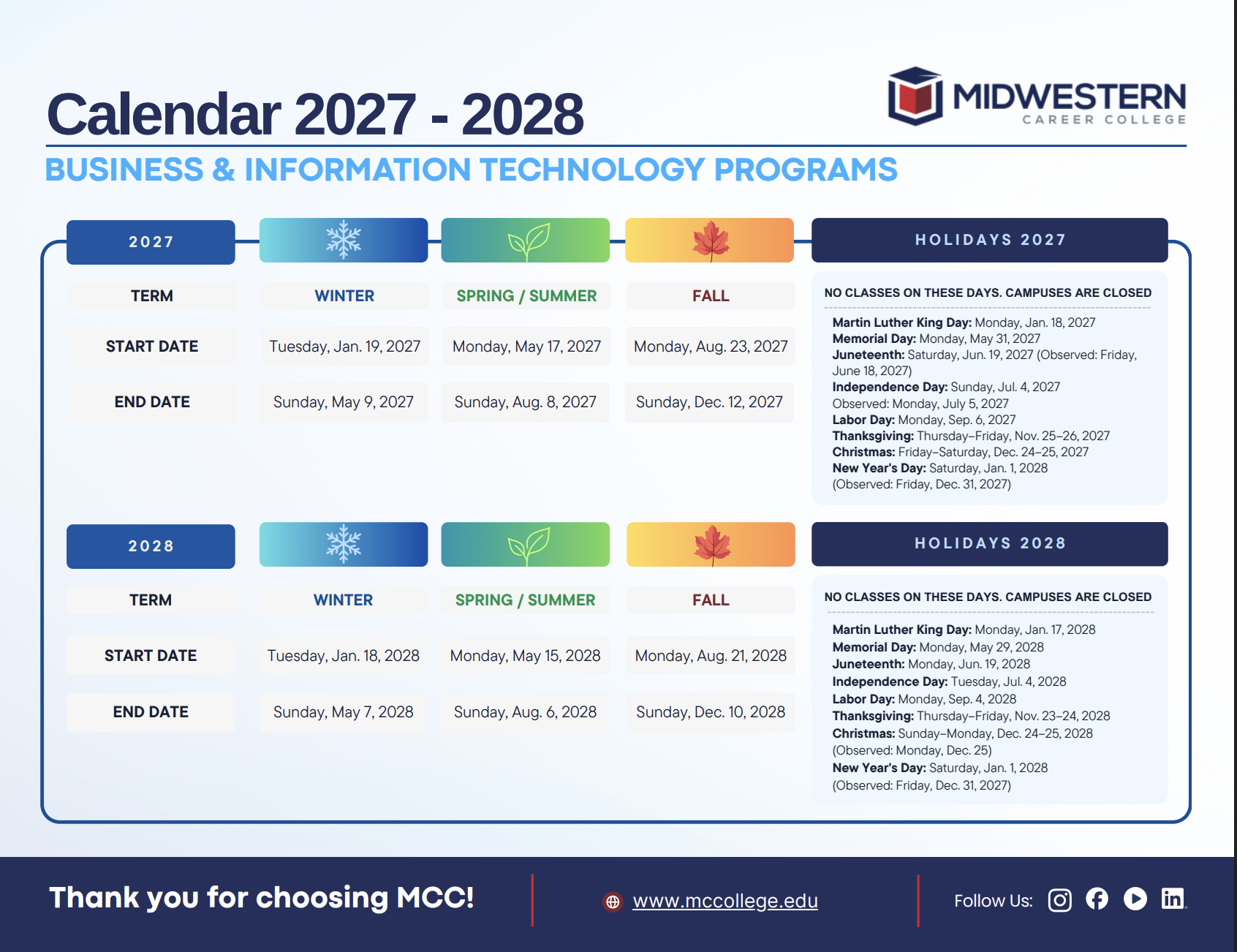 Midwestern Career College Business and IT Academic Calendar 2027–2028