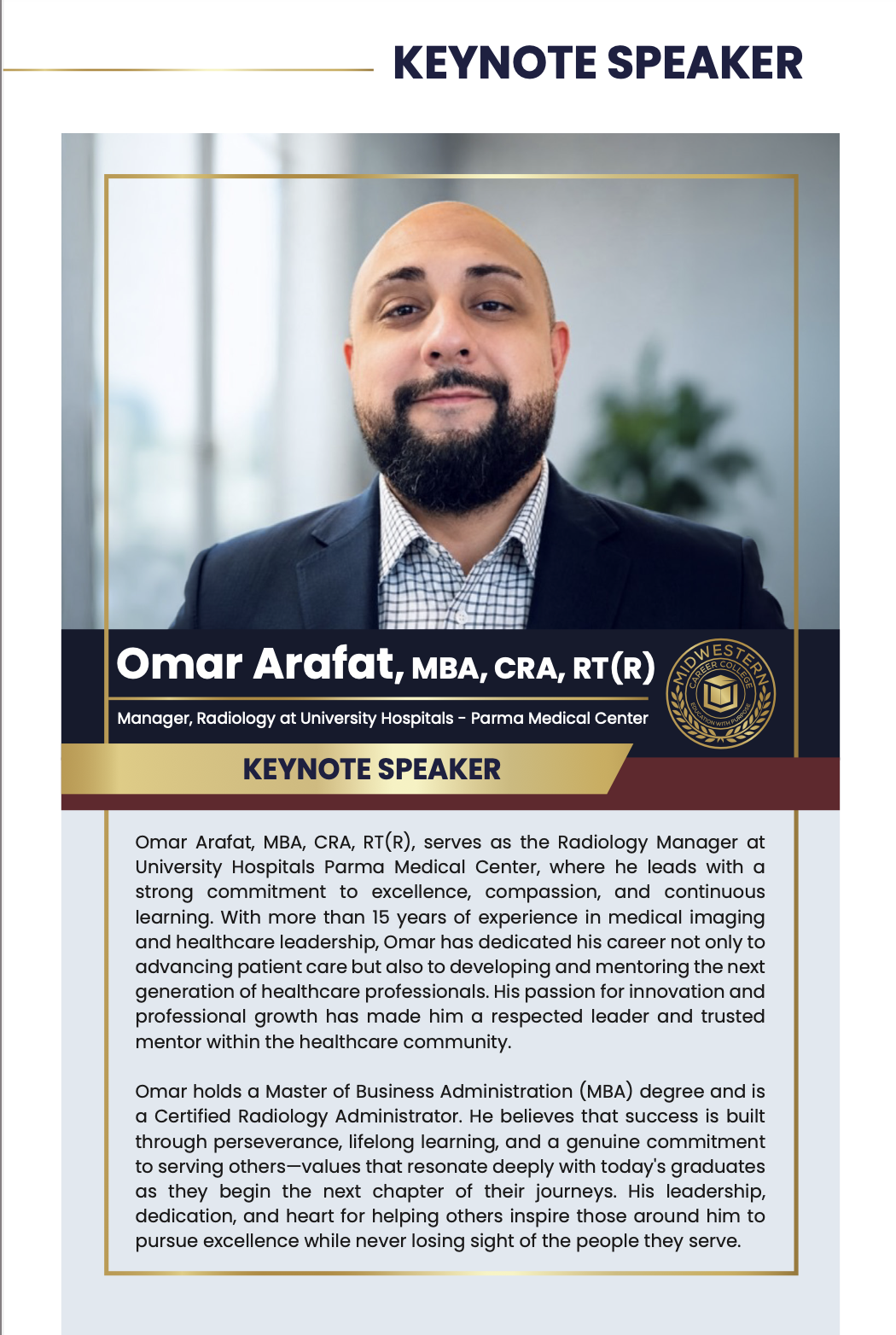 Omar Arafat, MBA, CRA, RT(R), Keynote Speaker for MCC Cleveland Graduation 2026