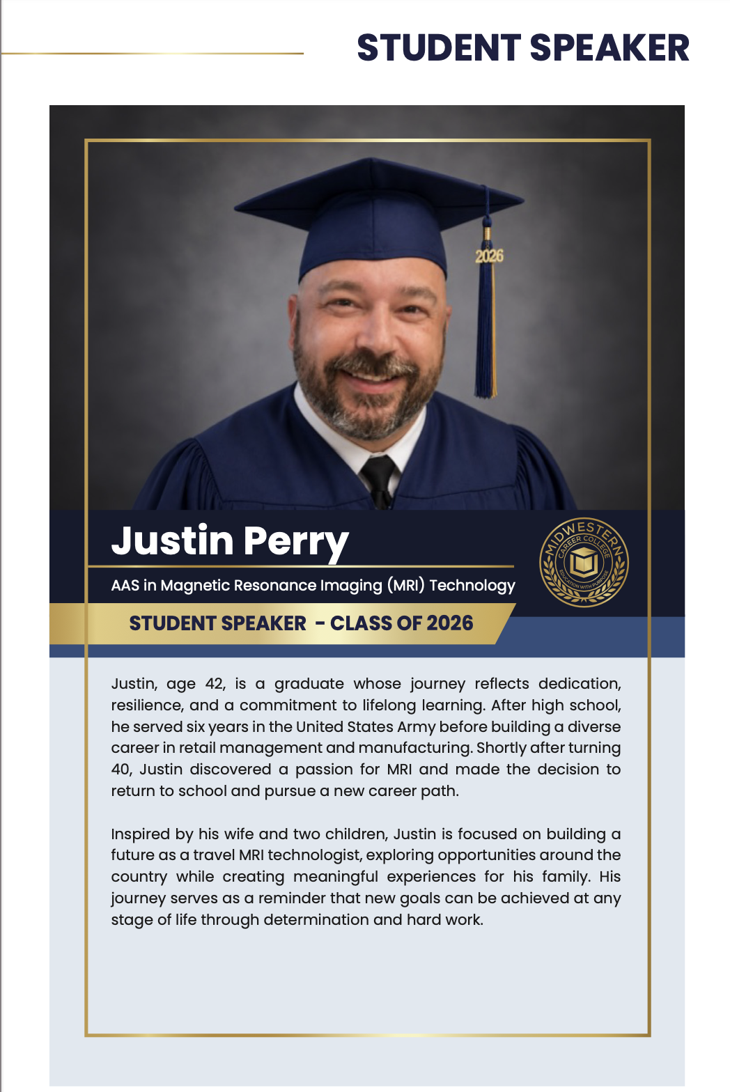 Justin Perry, Student Speaker for MCC Cleveland Graduation 2026